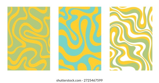 Conjunto de tres fondos abstractos vintage en vibrante estilo disco con líneas onduladas verdes, amarillas y azules. sentimiento divertido, alegre y rítmico con estética retro
