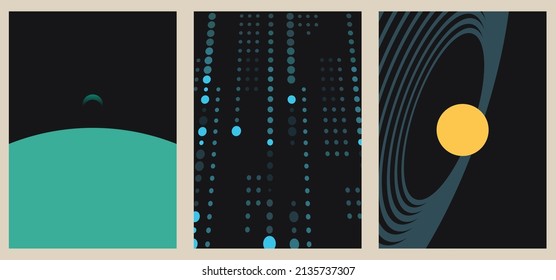 A set of three vintage aesthetic geometric background patterns. Minimalistic posters for social media, web design. Sketchy illustrations with thin lines, gradients, geometric shapes.