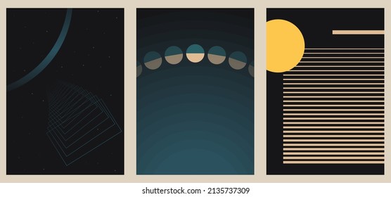 A set of three vintage aesthetic geometric background patterns. Minimalistic posters for social media, web design. Sketchy illustrations with thin lines, gradients, geometric shapes.