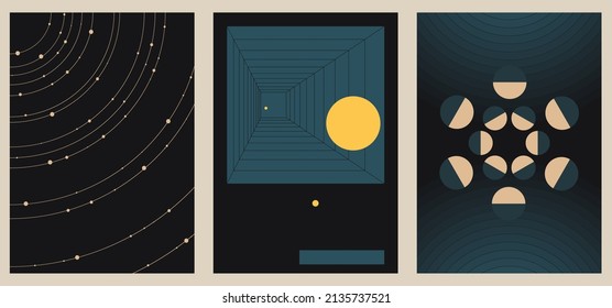 A set of three vintage aesthetic geometric background patterns. Minimalistic posters for social media, web design. Sketchy illustrations with thin lines, gradients, geometric shapes.