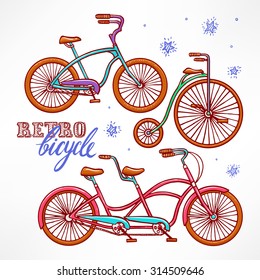 Set with three vintage bikes. hand-drawn illustration