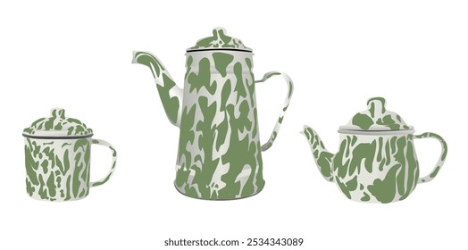 Um conjunto de três vintage esmalte kitchenware peças. O conjunto inclui uma grande cafeteira, uma chaleira e uma caneca, todas com um padrão abstrato de camuflagem verde e branco.