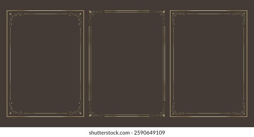 Set of three vintage frames with decorative corners. Antique elegant decoration. Ideal for various creative projects and decorative uses. Vector illustration.