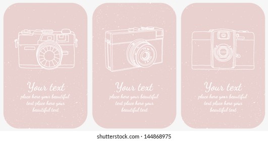 Set of three vintage gift cards with hand drawn photo cameras. Photography background. Vector illustration