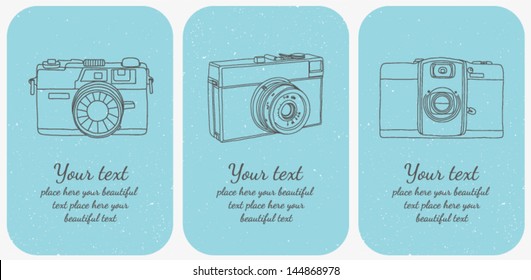 Set of three vintage gift cards with hand drawn photo cameras. Photography background. Vector illustration