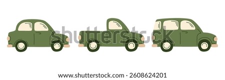 Set of three vintage green vehicles, compact car, pickup truck, minivan. Hand-drawn retro automobile vector illustration in cute flat style. Perfect for travel, countryside, and nostalgic designs.