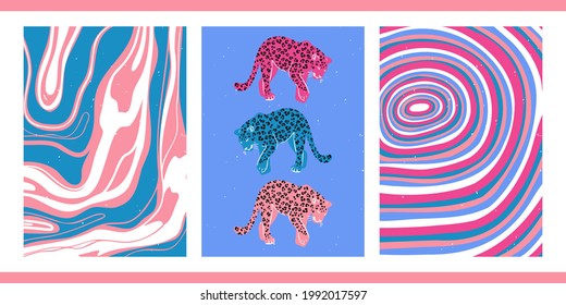 A set of three vintage illustrations. Creative hand drawn posters with abstract shapes and paint streaks. Minimalistic pastel backgrounds for interiors, prints, covers. Wild animals. Leopard.