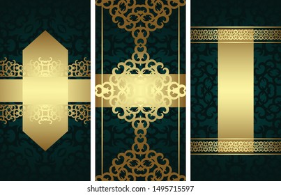 Set of three vintage invitations in luxury design. Golden décor, luxury style           