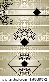 Set of three vintage invitations in luxury design, stylish decoration. Seamless floral wallpaper