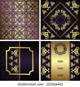 Set of three vintage invitations and template of vintage wallpaper. Vintage decoration in a gold         