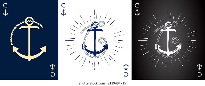 Conjunto de tres etiquetas de época con un ancla y una carta hecha de arpa de barco. Camiseta de ropa o diseño de afiches. Monograma de Logotipo con Estilo de las tarjetas de reproducción. Ilustración vectorial.