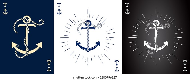 Set of three Vintage Label with an Anchor and Letter made of Ship Rope. Apparel t-shirt or Poster Design. Logotype Monogram with Playing Cards Style. Vector illustration.