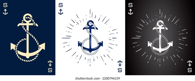 Set of three Vintage Label with an Anchor and Letter made of Ship Rope. Apparel t-shirt or Poster Design. Logotype Monogram with Playing Cards Style. Vector illustration.