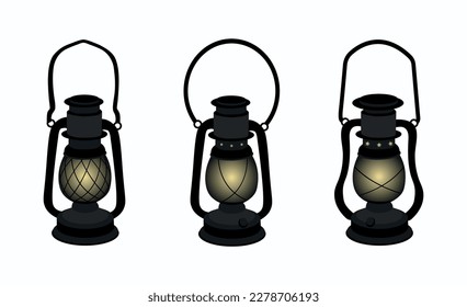 
Set of three vintage lanterns on a white background.