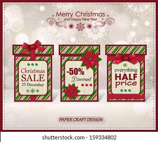 Set of three vintage paper merry christmas gift boxes sale labels. Vector illustration