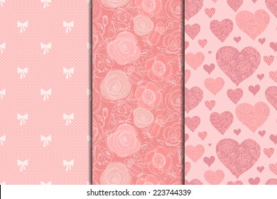 Set of three vintage patterns. Floral Wallpaper backgrounds. Good For web, Print, Wrapping paper. Flower Lace and Heart shapes.
