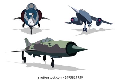 Set of three vintage planes on white background