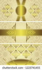 Set of three vintage stylish invitations with luxury gold decoration and seamless light background    