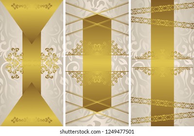 Set of three vintage stylish invitations with luxury gold decoration and seamless light floral wallpaper    