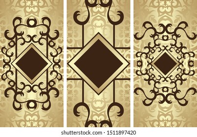 Set of three vintage stylish invitations with black decor on golden background     