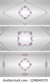 Set of three vintage wedding invitations. Luxury design. Striped silver background     