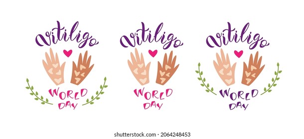 Conjunto de tres composiciones de letras del Día Mundial de Vitiligo con las manos. Vector aislado de ilustración colorida. 