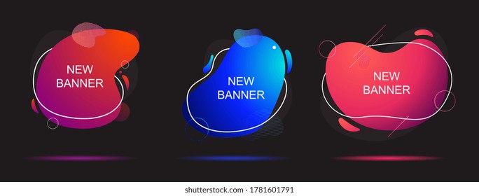 Set of three vivid liquid color geometric shapes with frames and copyspace for New Banner text on a black background, colored vector illustration