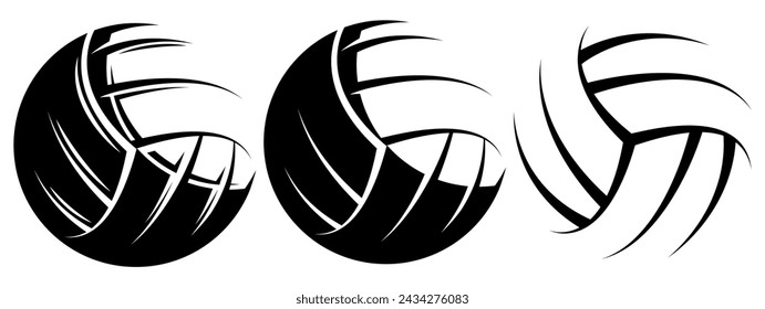 Set of three volleyballs. Vector monochrome illustration.