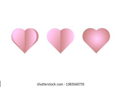Set of three volume pink hearts different shapes. Stylish vector design elements for valentines day, wedding or logo creation.