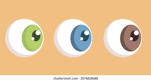 Set Of Three Volumetric Convex Eyes, Green Blue Brown, Eyeball Cartoon, Vector Illustration