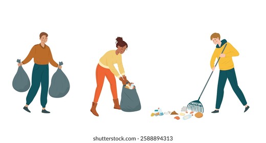 Set of three volunteers collecting trash with bags and rake, promoting environmental awareness, teamwork, and community cleanup efforts. People characters isolated on transparent background. Vector.