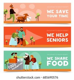 Set of three volunteers horizontal banners with humanitarians assisting senior citizens sharing food and walking dogs vector illustration