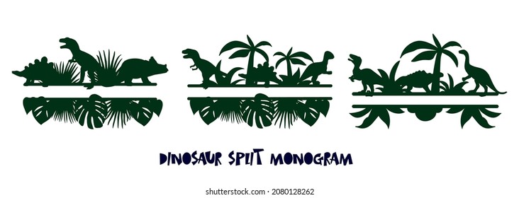 Set of three wall board frames with dinosaur silhouette, tropical leaves, palm tree silhouette with place for name. Template for home decor children room, scrapbooking element. Vector cutting files