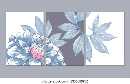 A set of three wall paintings, canvas for the living room. Poster element for interior design of a dining room, bedroom, office. Abstract floral background with dahlia flowers.Home decor of the walls - Shutterstock ID 1356389936