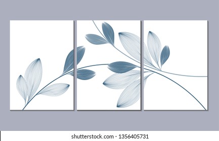 A set of three wall paintings, canvas for the living room. Poster element for interior design of a dining room, bedroom, office. Abstract floral background wiht abstract leaves.Home decor of the walls