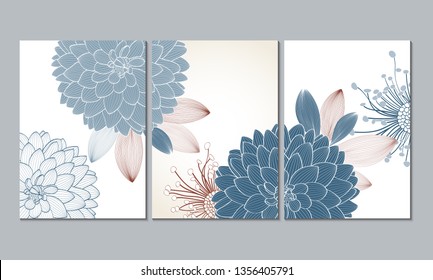 A set of three wall paintings, canvas for the living room. Poster element for interior design of a dining room, bedroom, office. Abstract floral background with dahlia flowers.Home decor of the walls