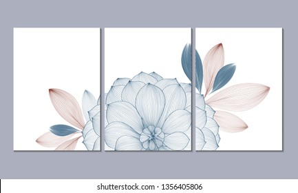 A set of three wall paintings, canvas for the living room. Poster element for interior design of a dining room, bedroom, office. Abstract floral background with dahlia flowers.Home decor of the walls