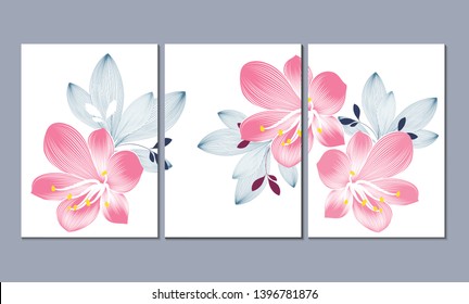 A set of three wall paintings, canvas for the living room. Poster element for interior design of a dining room, bedroom, office. Abstract floral background with clivia flowers. Home decor of the walls