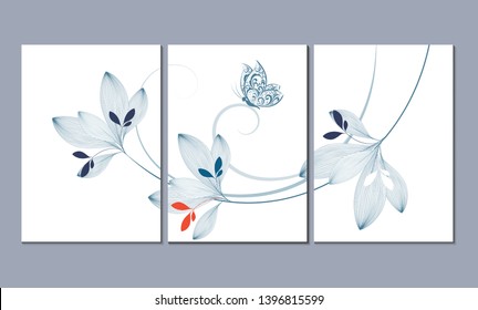 A set of three wall paintings, canvas for the living room. Poster element for interior design of a dining room, bedroom, office. Abstract floral background wiht abstract leaves.Home decor of the walls