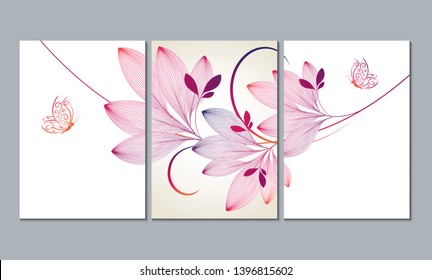 Un conjunto de tres pinturas murales, lienzos para el salón. Cartel para el diseño interior de un comedor, dormitorio, oficina. Resumen de fondo floral con hojas abstractas.Decoración del hogar de las paredes
