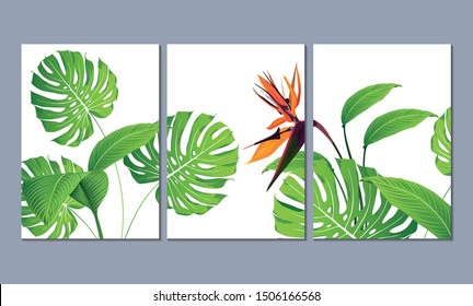 Set of three wall paintings, canvas for the living room. Poster element for interior design of a dining room, bedroom, office. Tropical summer background with flowers strelitzia and green leaves.  