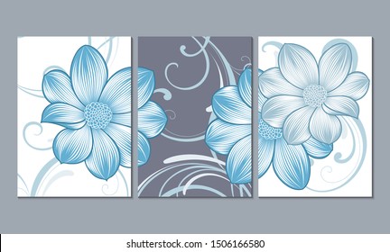Ein Set von drei Wandgemälden, Leinwand für das Wohnzimmer. Poster-Element für die Innenausstattung eines Esszimmers, Schlafzimmer, Büro. Abstrakter floraler Hintergrund mit Dahlienblumen.Inneneinrichtung der Wände