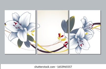 Set of three wall paintings, canvas for the living room. Poster element for interior design of a dining room, bedroom, office. Abstract floral background with lilies flowers.Home decor of the walls.