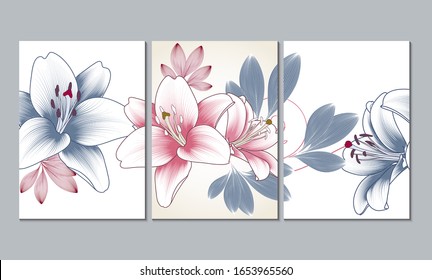 Set of three wall paintings, canvas for the living room. Poster element for interior design of a dining room, bedroom, office. Abstract floral background with lilies flowers.Home decor of the walls.