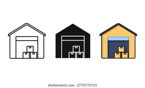 A set of three warehouse icons representing storage and logistics. Includes flat design, silhouette, and outline styles, with cargo boxes visible inside. Ideal for business, industry, and e-commerce concepts.