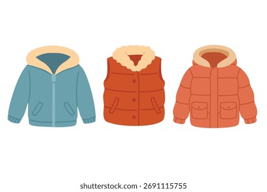 Set of three warm winter jackets and vest in soft flat style on white background.