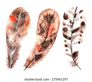 Set of three watercolors beige feathers