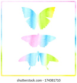 set of three watercolors butterflies isolated on white background