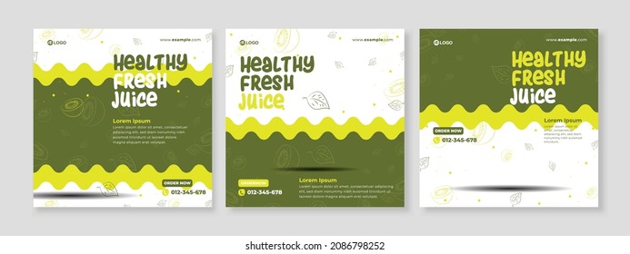 Set of three wavy background of healthy fresh juice promotion banner social media pack template premium vector