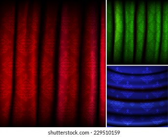 Set of three wavy fabric with baroque ornament - vector illustration